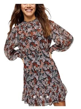 Topshop Yoke Ruched Floral Long-Sleeve Smocked Mini Dress size 4